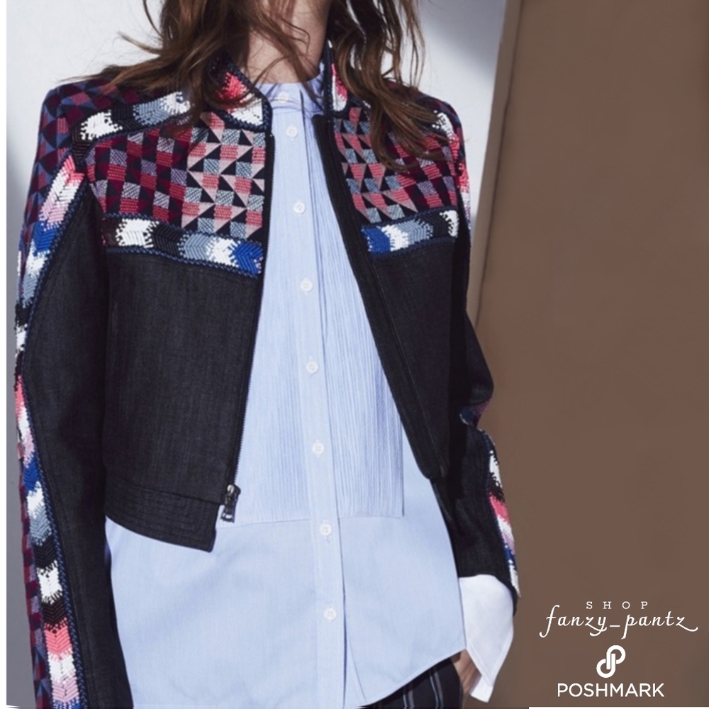BCBGMAXAZRIA RUNWAY BRANSON EMBROIDERED DENIM CROPPED JEAN JACKET